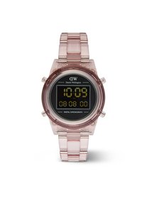 Montre chronographe numérique avec un bracelet et un boîtier en plastique transparent rose, présentant un affichage numérique noir indiquant l'heure et la date.