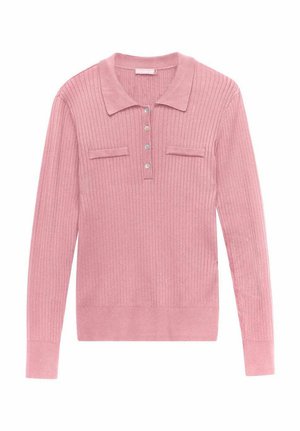 Ribbade rosa långärmade polotröja med krage, knappslå och två platta fickor på bröstet. Mjuk textur och figurnära design.
