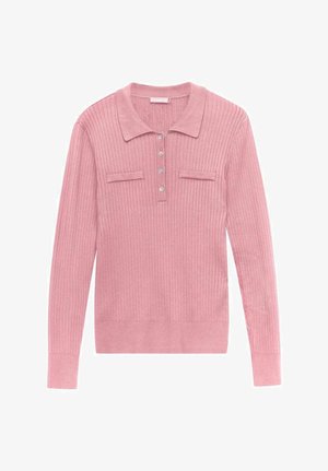 Ribbade rosa långärmade polotröja med krage, knappslå och två platta fickor på bröstet. Mjuk textur och figurnära design.