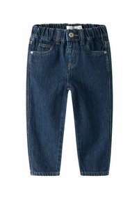 Dark blue denim pants with an elastic waistband, featuring five pocket design and visible stitching details. Regular fit, tapered leg shape.