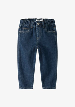 Pantalones de mezclilla azul oscuro con cintura elástica, con diseño de cinco bolsillos y detalles de costuras visibles. Ajuste regular, forma de pierna estrecha.