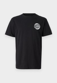 Black cotton t-shirt with a crew neckline and short sleeves. Features a circular "Santa Cruz" graphic in white and gray on the left chest.