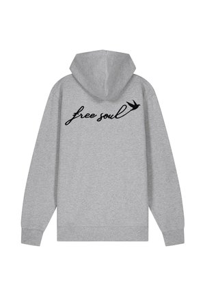 Felpa grigia con cappuccio regolabile. Presenta la scritta nera ricamata "free soul" e una piccola accentuazione di un uccello, realizzata in materiale morbido.
