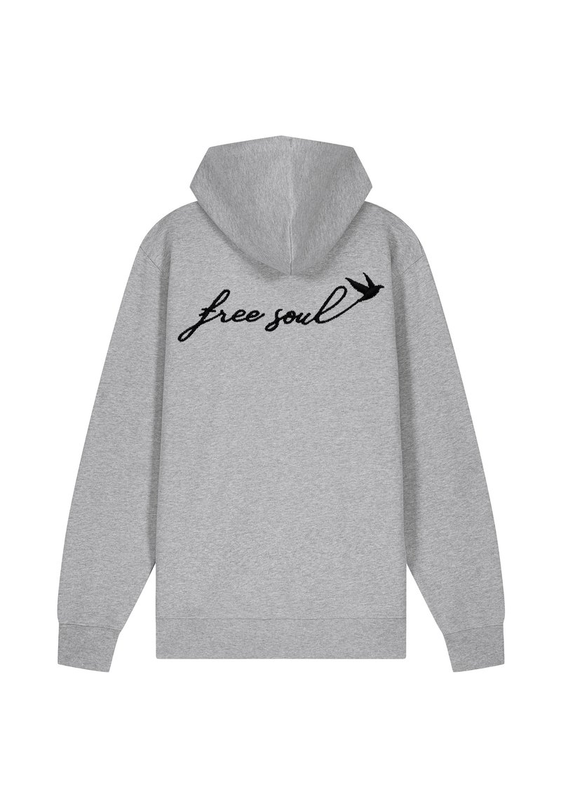 Felpa grigia con cappuccio regolabile. Presenta la scritta nera ricamata "free soul" e una piccola accentuazione di un uccello, realizzata in materiale morbido.
