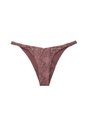 Braune Bikini-Hose im Schlangenleder-Muster mit elastischem Bund. Der Stoff hat eine glatte Textur und einen tief geschnittenen Schnitt.