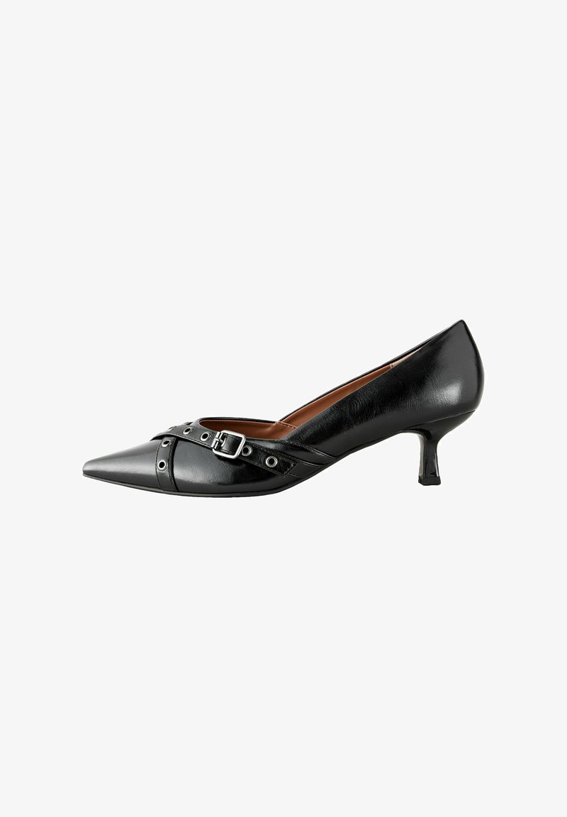 Must have must be a elevated black high heel shoe with a pointed toe, embellished buckle and strap details, and a tapered heel design. The shoe features a sleek and smooth texture throughout.