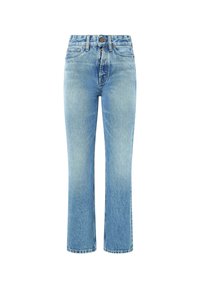 Vaqueros de denim azul claro con una cintura alta, corte recto y un ligero desgaste. Cuenta con cierre de botón y un diseño de cinco bolsillos.