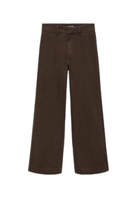 Pantalons larges marron en tissu coton. Présentent une taille haute, une braguette zippée et des détails de couture subtils à l'avant. Pas de poches visibles.