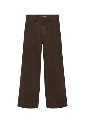 Pantalons larges marron en tissu coton. Présentent une taille haute, une braguette zippée et des détails de couture subtils à l'avant. Pas de poches visibles.
