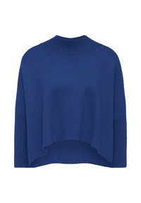 Pull court tricoté bleu avec un col montant côtelé et des accents côtelés sur les manches. Texture douce et coupe décontractée.