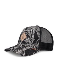 Black and white patterned cap featuring a mesh back, curved brim, and a tan leather patch with logo on the front. Structured design.