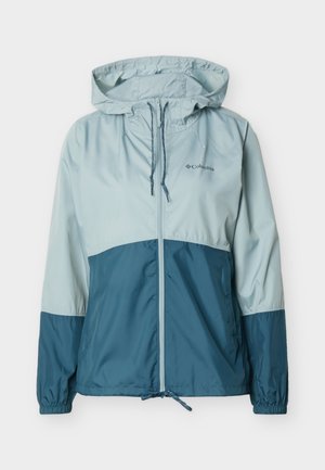 Hellblau und türkisfarbene Columbia-Jacke mit Reißverschluss und Kapuze, elastischen Bündchen, Kordelzug am Saum und Vordertaschen.