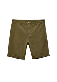Oliven grønne shorts lavet af slidstærk bomuld, med lige pasform, frontlommer og en enkelt knaplukning i taljen.