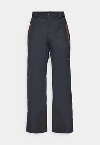Ski pants in dark navy, featuring orange zippered pockets, a snap button closure, and contrasting black lower panels for durability.