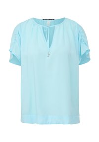 Lichtblauwe blouse van een gladde stof, met een ontspannen pasvorm, korte mouwen, een V-hals met een trekkoord en een licht gebogen zoom.