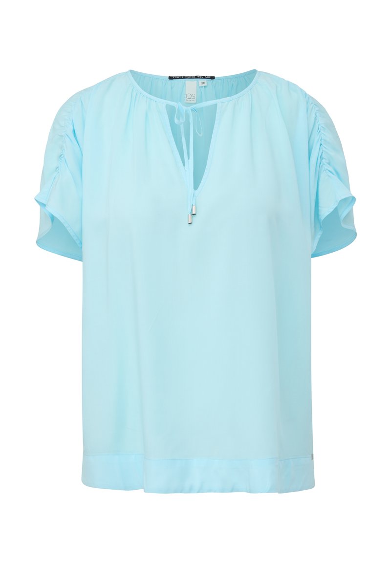Lichtblauwe blouse van een gladde stof, met een ontspannen pasvorm, korte mouwen, een V-hals met een trekkoord en een licht gebogen zoom.