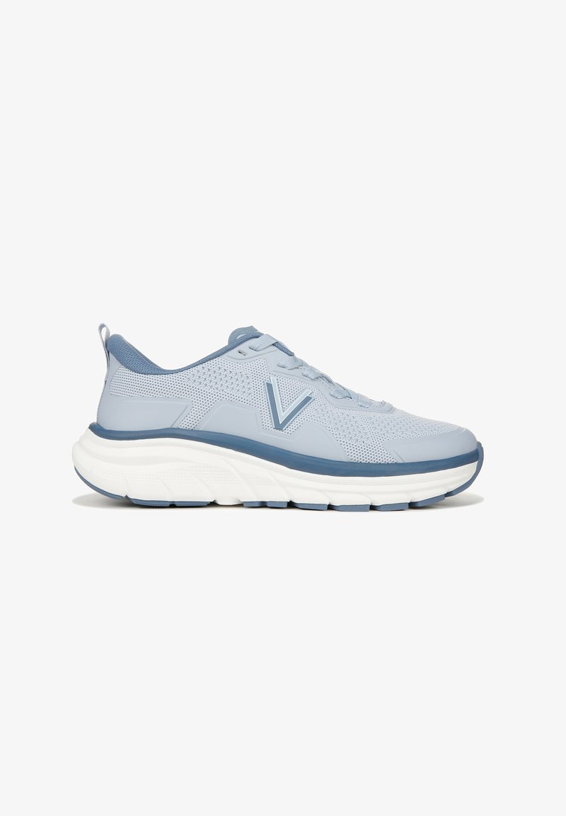 Light blue athletic shoes with mesh upper, lace closure, and a cushioned white sole. Features a textured pattern and accent details in blue.