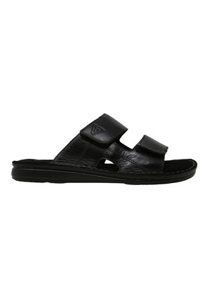 Sandalo slide in pelle nera con punta aperta, due cinturini regolabili e suola piatta, vista laterale su sfondo bianco.