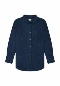 Marinblå denimskjorta med krage, långa ärmar och vita knappar framtill. Slät textur med en klassisk passform.