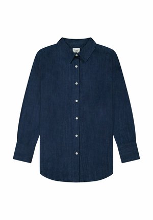 Marinblå denimskjorta med krage, långa ärmar och vita knappar framtill. Slät textur med en klassisk passform.
