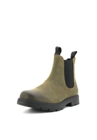 Stivaletti in pelle verde oliva con pannelli elastici laterali, suole in gomma nera e linguette per una facile calzata. Texture liscia con dettagli minimi.