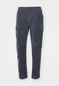 Donkergrijze katoenen cargo broek met een elastische tailleband, zijzakken en een losse pasvorm. Gelaagd materiaal met een subtiele glans.