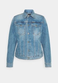 Ljusblå denimjacka med klassisk krage, framfickor med klaffar och knappstängning. Slät textur med urtvättade detaljer.