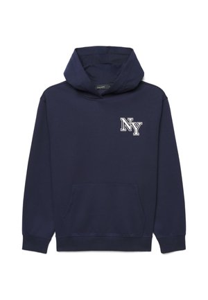Sweat à capuche bleu marine avec poche avant et logo blanc "NY" sur la poitrine gauche, avec une capuche sans cordon et des poignets côtelés.