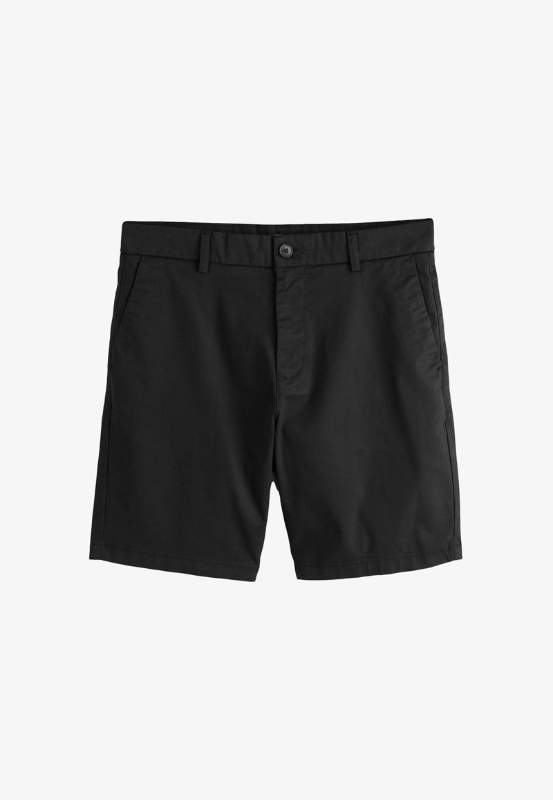 Shorts en coton pour hommes noirs avec fermeture à boutons et zip, passants pour ceinture, poches latérales, devant plat, longueur au-dessus du genou.