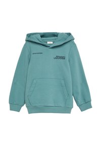 Turkusowy hoodie wykonany z miękkiego materiału, z kieszenią z przodu, kapturem ze sznurkiem oraz kontrastującym czarnym napisem "STAR SYSTEM" i "Mission: UNIVERSE."