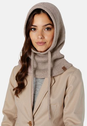 Neulottu headscarf vaaleassa beige väriä, jossa on tekstuuroitunut kuvio, hupulla ja kiristysnaruilla. Pehmeä materiaali, joka on mukava ja istuva.