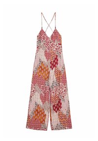 Mono de estampado floral con escote en V, tirantes finos y pantalones anchos en tonos de rosa, naranja y rojo, con texturas intrincadas.