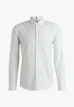 Weißes Langarmhemd mit einem schlichten Muster aus kleinen blauen Punkten, Button-Down-Kragen und einem geraden Saum mit abgerundetem Rand.