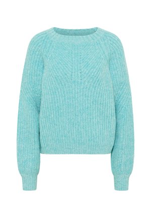 Vaalean turkoosi neulepaita, joka on valmistettu teksturoidusta neulemateriaalista. Siinä on pyöreä pääntie, pitkät hihat ja rento malli.