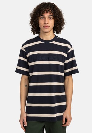 Navy blue and cream striped T-shirt with short sleeves. Features embroidered "element" logo on chest. Made of soft cotton fabric.