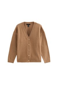Cardigan marrón con escote en V, hecho de material suave, con mangas largas, puños acanalados y siete botones dorados en el frente.