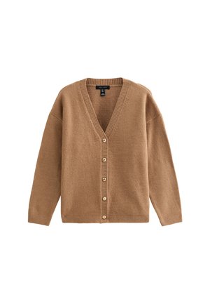 Cardigan marrón con escote en V, hecho de material suave, con mangas largas, puños acanalados y siete botones dorados en el frente.