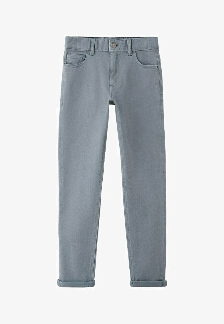Sivé džínsy slim strihu s vyhrnutými manžetami, zapínaním na gombíky vpredu, zipsom a dizajnom s piatimi vreckami.