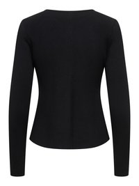 Black long-sleeve fitted sweater with a slightly flared waist and a round neckline, shown from the back.