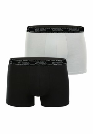 Deux paires de boxers pour hommes, un noir et un blanc, chacun avec une ceinture noire portant le nom de la marque "ATHENA" en texte blanc.