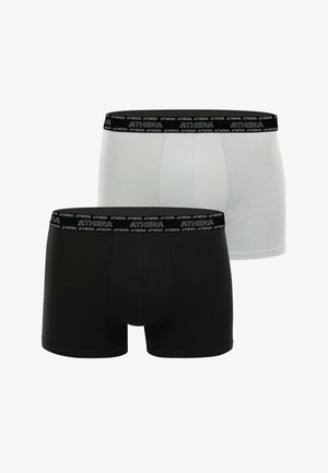 Deux paires de boxers pour hommes, un noir et un blanc, chacun avec une ceinture noire portant le nom de la marque "ATHENA" en texte blanc.