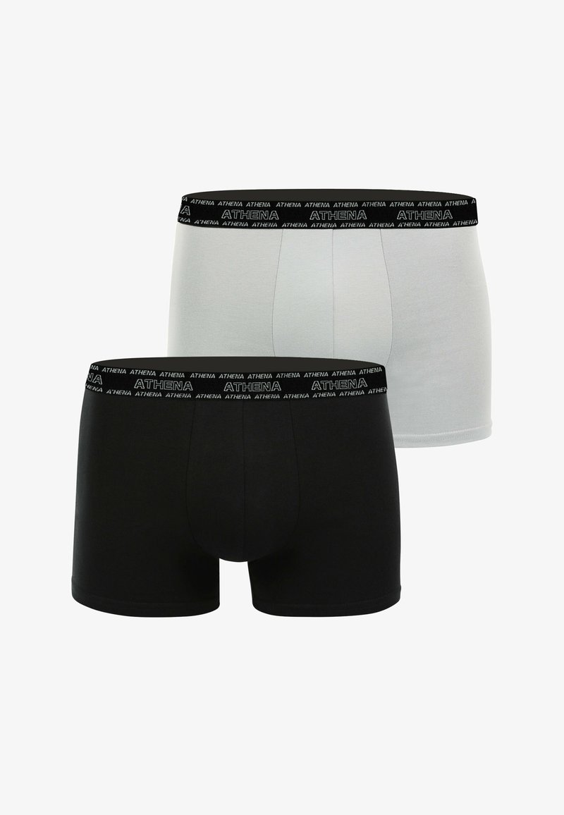 Deux paires de boxers pour hommes, un noir et un blanc, chacun avec une ceinture noire portant le nom de la marque "ATHENA" en texte blanc.
