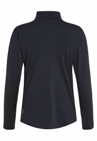 Langärmliger, dunkelblauer Pullover aus weichem, dehnbarem Stoff. Verfügt über einen Stehkragen und einen abgerundeten Saum für eine schlanke Passform.