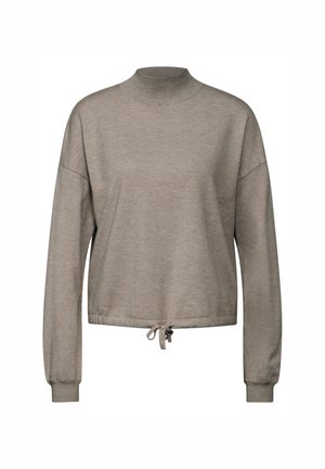 Pull en maille léger beige, à manches longues, col montant, coupe ample et ourlet à cordon de serrage. Texture douce avec des poignets et un col côtelés.