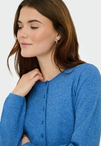 Blå strikket cardigan med rund hals, lange ermer og knappelukking foran. Stoffet virker mykt med en strukturert overflate.