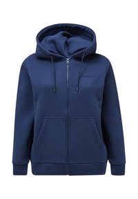 Felpa con zip di colore blu navy realizzata in tessuto morbido, dotata di cappuccio con cordino, tasche frontali e polsini e orlo a costine.