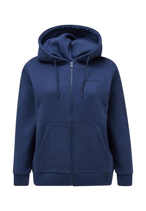 Marineblauwe zip-up hoodie van zachte stof, met een trekkoordcapuchon, voorzakken en ribgebreide manchetten en onderrand.