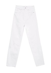 White denim jeans with a high waist, straight leg, and a classic five-pocket design. The fabric features a smooth, textured finish.