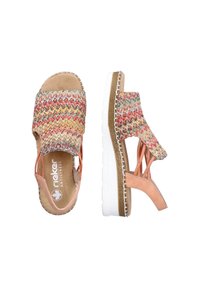 Gewebtes Obermaterial aus mehreren Farben mit einer beigen gepolsterten Innensohle, pfirsichfarbenen Akzenten und einer dicken weißen gepolsterten Sohle. Offenes Rückendesign.