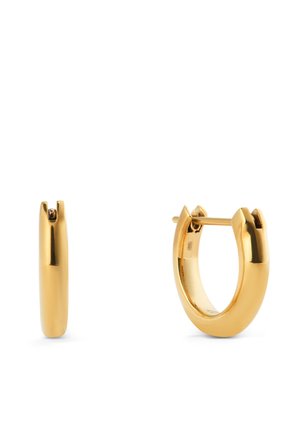 Para polerowanych, złotych kolczyków kołowych z zawiasowymi zapięciami, pokazanych z boku i z przodu, na białym tle.